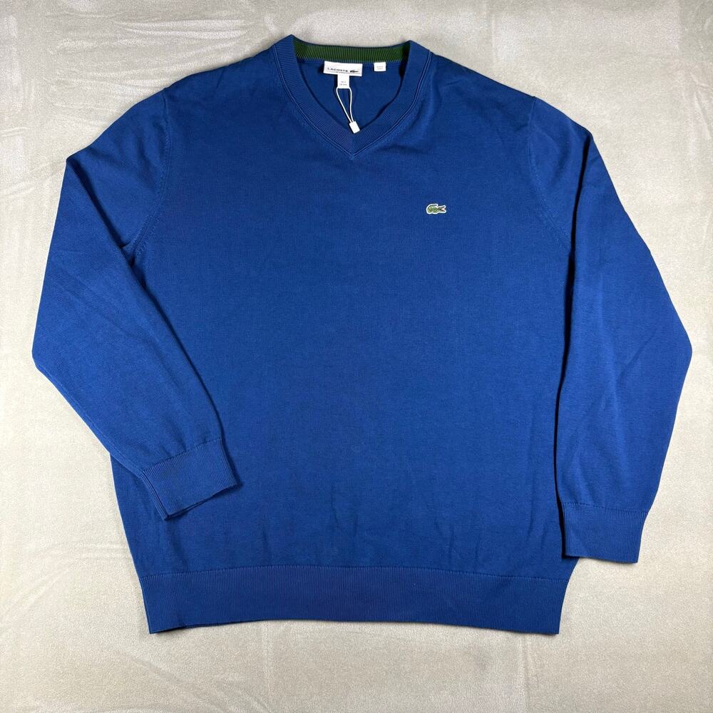 NWT Lacoste Classic Fit V Neck Sweater Blue Cotton Men’s XXL FR 7 Pullover